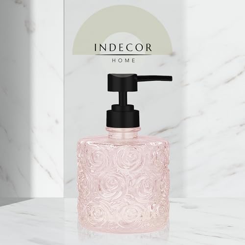 Marcella Glass Soap Dispenser with Soap Pump, Refillable 14 Ounce Capacity, Floral Design Rose Patterns, Heavy Weight Thick Glass for Bathroom, Premium Kitchen Soap Dispenser Peach Blush - color: Peach Blush
