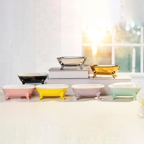 6.7" Ceramic Mini Clawfoot Bathtub Bar Soap Dish, Decorative Bar Soap Holder, Soap Tray Sponge Holder for Shower, Bathroom & Kitchen Sink (Gold) - color: Gold