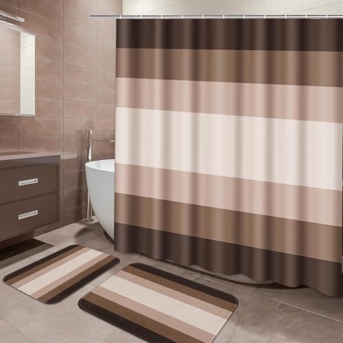 ArtSocket Brown Beige Ombre Bathroom Set with Shower Curtain and Bath Rugs and Accessories,Modern Striped Lines Non-Slip Shower Curtain Set,Bathroom Decor 3 Pcs - color: Brown Striped Ombre