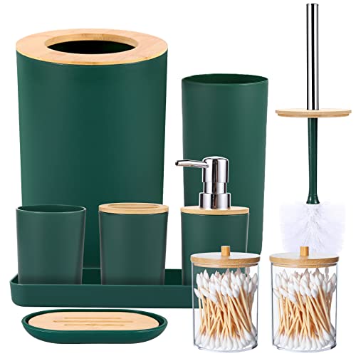 SLDIYWOW 9-Piece Dark Green Bathroom Accessories Set with Trash Can, Tray, Soap Dispenser, Toothbrush Holder, Toothbrush Cup, Soap Dish, Toilet Brush and Q-tip Holders for Bathroom/Housewarming - color: Dark Green