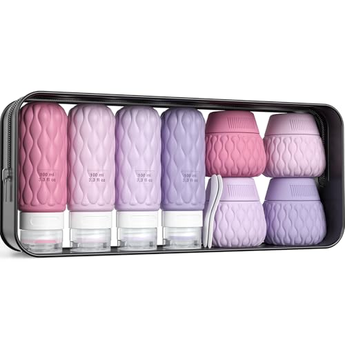 Silicone Travel Bottles for Toiletries 8 Pack Travel Size Toiletries 3.4 oz 1.7 oz, Leakproof Squeeze Travel Size Containers Refillable Cosmetic Jars Set for Shampoo, Conditioner, Creams - color: Purple-3.4oz/1.7oz