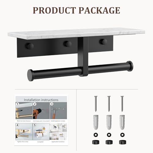 BWE Double Toilet Paper Holder with Shelf, Wall Mounted Tissue Roll Holder for Bathroom, Commercial Toilet Paper Dispenser, Marble Toilet Paper Storage Holder with Phone Shelf (Matte Black) - color: Double Black