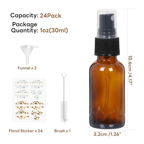 STARSIDE 24-Pack 1oz Amber Glass Spray Bottles with Fine Mist Sprayer | 30ml Glass Travel Bottles for Essential Oils, Cleaning Solutions, Perfumes & Liquids, Sample; Includes Funnels, Labels, Brush - size: S