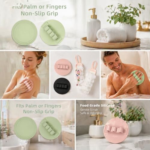 3-Pack Bath Scrubber Kit: 2 Silicone Exfoliating Pats & Double-Sided Long Handle Back Scrubber Bath Puff for Deep Cleansing. (Pink & Green & Pink) - color: Pink & Green & Pink