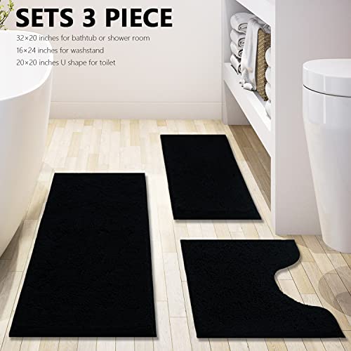 Black Bathroom Rug Chenille 3-Piece Extra Soft and Absorbent Shag Bathroom Rugs, Machine Wash Mat, Strong PVC Non-Slip Underside, Plush Carpet Mats (Black) - color: Black, size: 2'8" x 1'8" (16x24"+20x32"+20x20"U shape）