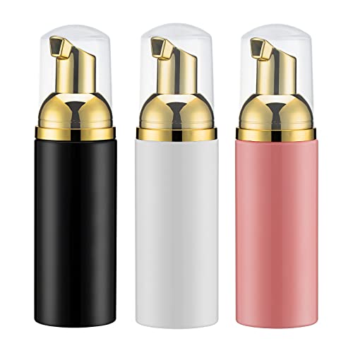 Travel Foam Pump Bottle - 2oz Small Size Foaming Hand Soap Dispenser - Mini Portable Mousse Lash Shampoo Kit Container for Hair - Empty Leak Proof Plastic Gold &Black,White,Pink Foamer 3Pack - color: Gold Bwp