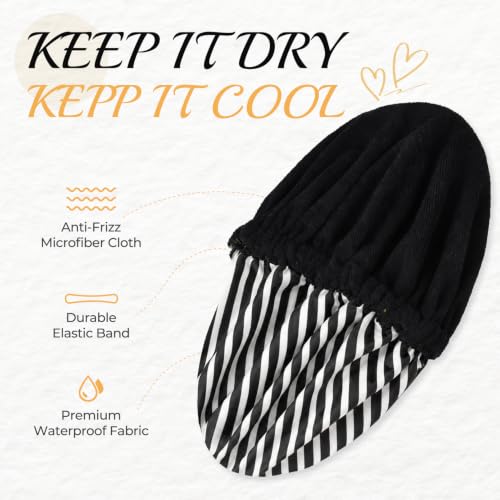Shower Cap for Women Terry Lined Bath Cap Large Reusable Waterproof Elastic Black Stripes Shower Caps for Long Thick Hair Soft Bath Shower Hair Caps - color: Black Stripe