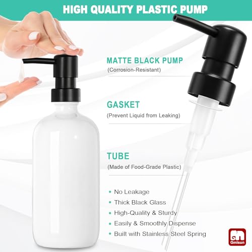 GMISUN Kitchen Soap Dispenser Set, 16 Oz Hand and Dish Soap Dispenser with Ceramic Tray & Bamboo Dish Brush, 2 Pack White Glass Liquid Pump Bottle, Modern Farmhouse Refillable Dish Soap Bottle - color: White Bottles + Black Pumps