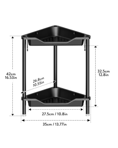 Orimade Rustproof 2 Tier Floor Standing Corner Shower Caddy Organizer, Plastic Aluminum Splicing Floor Corner Shelf Rack Stands for Bathroom, Black - color: Black, size: 2 Tier