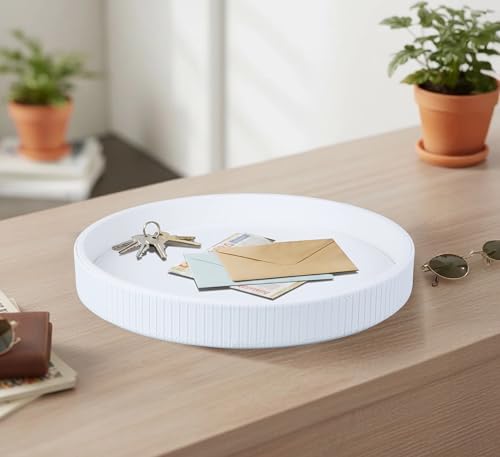 HofferRuffer Round Decorative Tray, Faux Leather Vanity Tray Decor, Decorative Catchall for Perfume, Bathroom Valet, Nightstand or Dresser (White Stripe, Round-12" x 12" x 1.6") - color: White Stripe