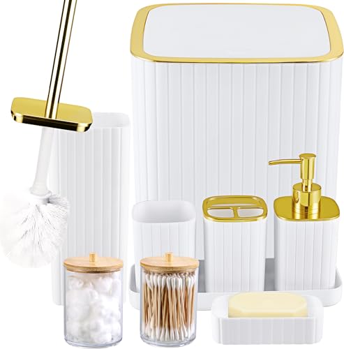 Bathroom Accessory Set White and Gold -9PCS Bathroom Decor with Toilet Brush, Trash Can, Soap Dispenser, Q-Tip Holder | Modern Home Bath Essentials - color: White&gold, size: 9-Piece Bath Set