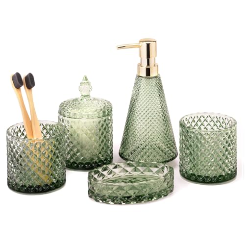EMPO 5Pcs Diamond Glass Bathroom Accessories Complete Set, Triangle Vintage Lotion Dispenser, Soap Dish, Toothbrush Holder, Tumbler, Cotton Swab Jars, Modern Decor, Housewarming Gift Set (Oliva Green) - style: Diamond Oliva Green Set