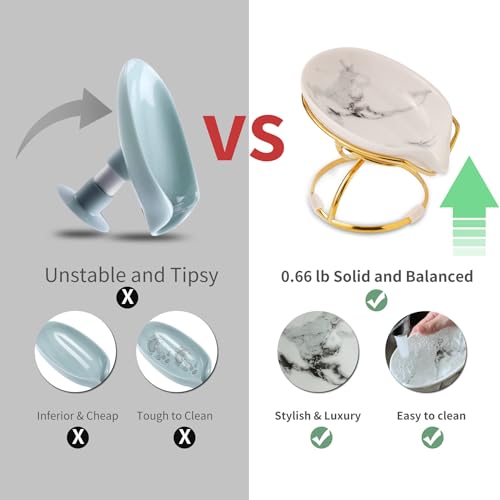 Dobbyby Leaf-Shaped Soap Dish – Ceramic Soap Bar Holder with Self-Drainage System – Bar Soap Holder for Shower, Bathroom Sink, Kitchen – Soap Dish with Stainless Steel Stand (White-Gold-2 Pack) - color: White-gold-2 Pack