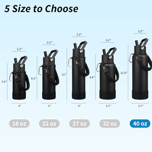 BJPKPK Insulated Water Bottle with Straw Lid, 40oz Large Thermal Flasks with 3 Lids, Paracord Handle & Non-slip Boot, BPA Free Leak Proof Stainless Steel Metal Water Bottles, Tumblers, Cups,Black - color: Black, size: 40 Ounces