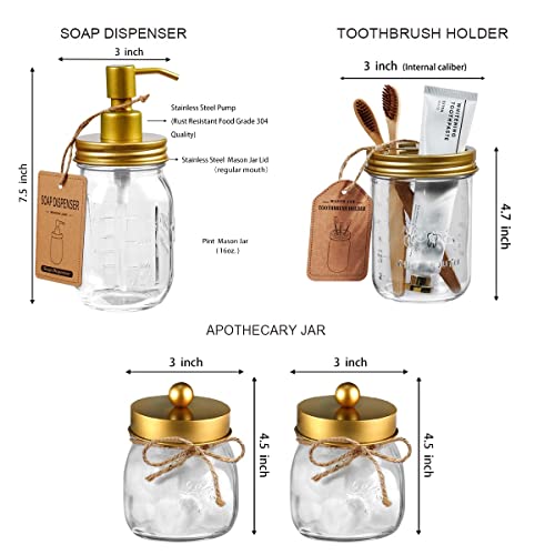 Amolliar Mason Jar Bathroom Accessories Set(4 Pcs) -Lotion Soap Dispenser & 2 Cotton Swab Holder & Toothbrush Holder-Rustic Farmhouse Decor, Countertop Vanity Organize, Bathroom Home Decor (Gold) - size: Gold, style: Standard-mouth