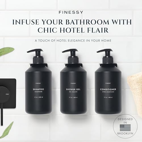 No Drill Wall Mount Shampoo and Conditioner Dispenser for Shower Gel Body Wash Soap Bottle Container Pump Black Refillable 3 Chamber Bottles, Bathroom Shampoo Dispenser for Shower Set Wall Mounted - color: Sophisticated Black