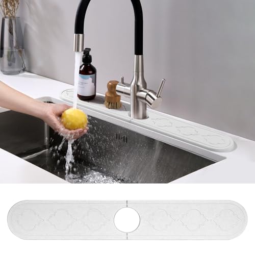 Faucet Mat Absorbent Pad,Diatomite Fast Drying Stone Sink Tray, Revents Moisture Buildup-Durable Faucet Drip Mat for Kitchen Sink and Bathroom Counter,with Non-Slip Dots (White, 24" x 4") - color: White