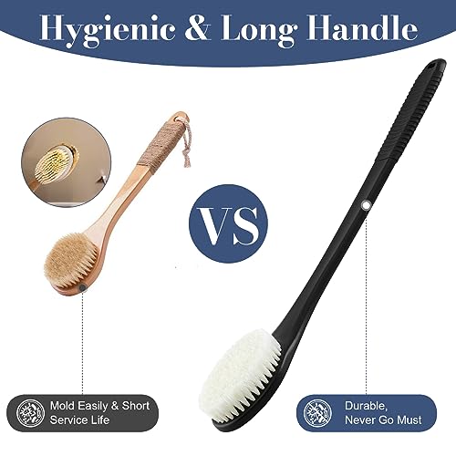 Back Scrubber for Shower, Shower Body Brush for Cleaning with Long Handle for Showering, 17 Inch Back Washer Exfoliator for Shower Men Women with Non-Slip Handle, Adhesive Hook (Black) - size: Black - Artificial Bristles