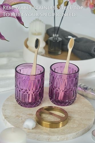 LaMrriti Purple Bathroom Accessories Set 5 Pcs, Glass Bathroom Set, Soap Dispenser and Toothbrush Holder Set, Q-tip Holder Set, Crystal Glass Vintage Bathroom Sink Set, Cute Bathroom Decor - style: Purple