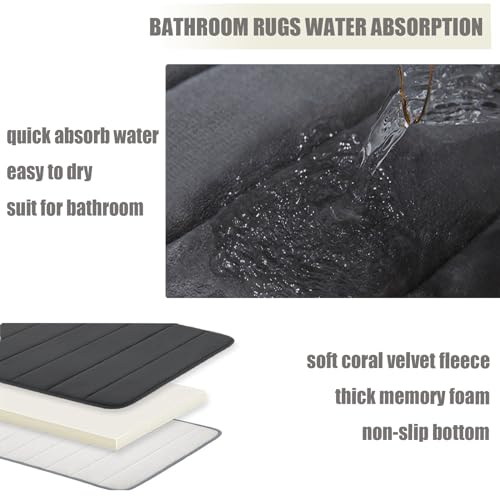 Bathroom Rugs Set 3 Piece, Memory Foam Non-Slip Extra Absorbent Shaggy Soft Bath Mat, Machine Washable Bathroom Carpets for Bedroom, Black - color: Black