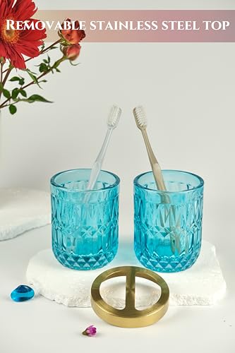 LaMarriti Teal Blue Bathroom Accessories Set, 5Pcs Clear Glass Bathroom Set, Hand Soap Dispenser Set, Soap Dish, Toothbrush Holder, Tumbler, Q-Tips Holder for Crystal Vantage Bathroom Decor - style: Teal Blue