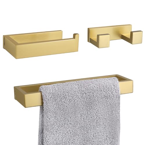 3 Pieces Brushed Gold Bathroom Hardware Accessories Set,SUS304 Stainless Steel Towel Holder Set Towel Holder Robe Hook Toilet Paper Holder Wall Mounted - color: Brushed Gold