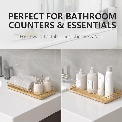 Toilet Paper Basket Organizer, Oak Wood Toilet Tank Tray with Metal Frame | Bathroom Counter Top Storage for Toilet Paper, Wipes & Decor, Modern Narrow Back of Tank Shelf Organizer, Gold & Natural Oak - color: Gold & Oak, size: 13" x 6.5" x 2"