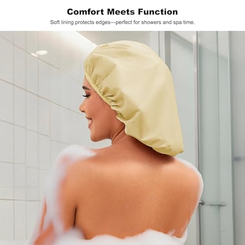 2 Pack Shower Caps for Women, Reusable Waterproof Shower Cap with Elastic Band, Thickened Waterproof Fabric Shower Bonnet for Braids, Long Hair - color: Warm Beige/Mint Green