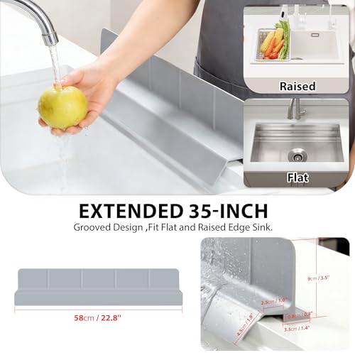 23Inch Sink Splash Guard – Extended Length & Tall Silicone Kitchen Sink Splash Guard with Overhang Drainage Design, High Splash Wall & Strong Suction Cups for Countertop (Grey, 23''x3.5'') - color: Gray, size: 23''x3.5''