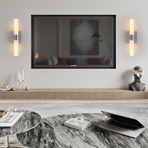 KUZZULL Wall Sconces Set of Two Brushed Nickel Bathroom Sconces Wall Decor Set of 2 Modern Wall Light Fixtures Metal Sconces Wall Lighting with Frosted Glass Shade Wall Mounted Lamp - color: satin nickel white