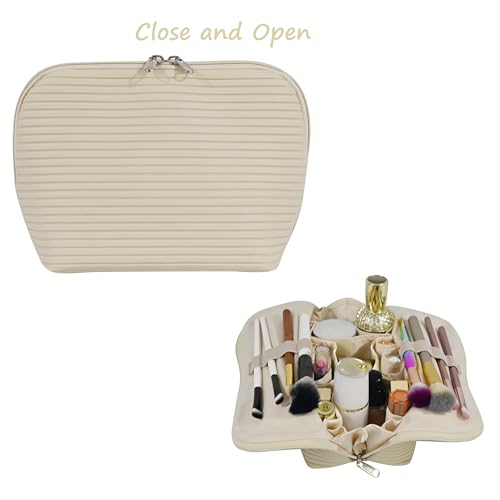 Travel Makeup Bag for Women, Waterproof Stand Up Cosmetic Bag with Brush Holders, Organizer Bag with Compartments, Fold-Down Design for Skincare, Toiletries & Essentials (Beige, Medium) - color: Beige, size: Medium