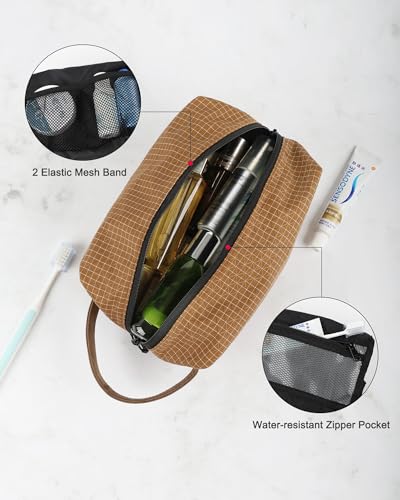 GOX Premium Plaid & Leather Travel Toiletry Bag with Reinforced Handles Cosmetic Organizer (9x5.1x5.1 inches) for Bathroom, Shaving, Makeup Essentials (Brown) - color: Brown
