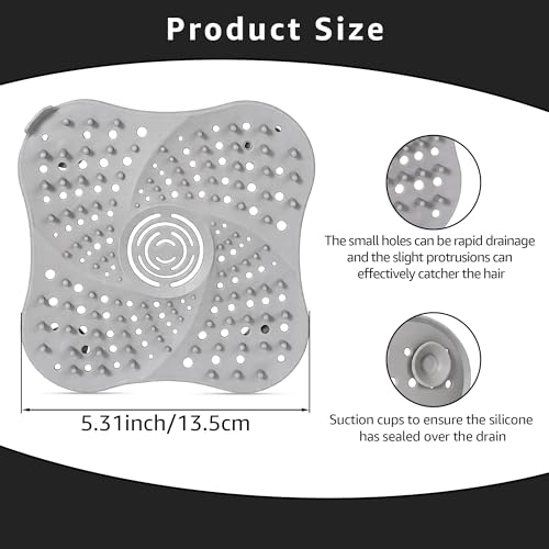 Silicone Hair Catchers Drain Screens 2-Pack, 5.31-inch Square Shower Drain Protectors Strainers with Suction Cup Suit for Showers, bathrooms, Sinks, Floor drains (Grey)