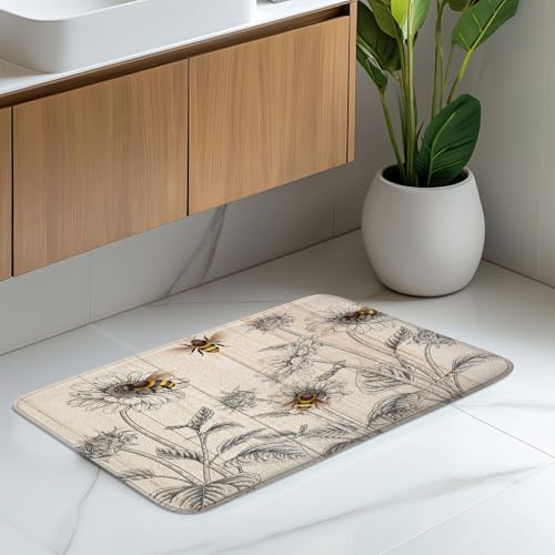Country Bee Farmhouse Honeybee Flowers Floral Sunflower Bath Rug, Non-Slip Microfiber Soft Plush Modern Bathroom Mat Carpets Floor Mat for Bedroom Kitchen Bathroom Toilet 17x29 Inch - color: Yellow
