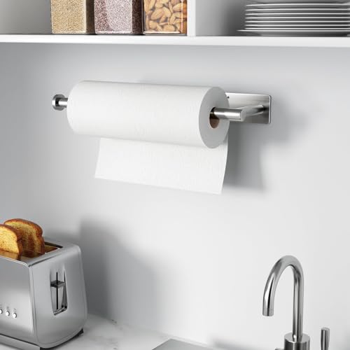 Paper Towel Holder - Self-Adhesive or Drilling, Brushed Nickel, Wall Mounted, SUS304 Stainless Steel Kitchen Roll Dispenser Under Cabinet - color: Silver