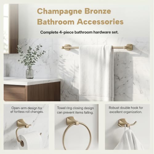4 Piece Gold Bathroom Hardware Set - Brushed Gold Bathroom Accessories, 23.6 Inch Towel Bar | Towel Hook | Toilet Paper Holder | Hand Towel Holder (Dark Champagne Bronze) - color: Dark Champagne Bronze