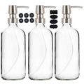 Youngever 3 Pack 16 Ounce Clear Glass Boston Round Bottles with Stainless Steel Pumps, Glass Soap Dispensers with Extra Labels and Lids, Great for Essential Oils, Lotions, Liquid Soaps