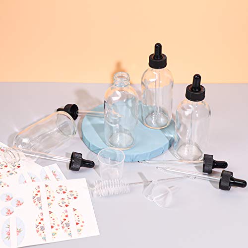 12 Pack 4oz Clear Glass Bottles with Glass Eye Droppers for Essential Oils, Perfumes & Lab Chemicals (1 Brush, 2 Funnels, 2 Extra Droppers, 24 Pieces Labels & 30ml Measuring Cup Included) - color: Clear