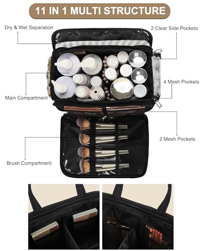 Travel Toiletry Bag for Women with Compartments, Large Wide-open Toiletries Bag for Men, Lightweight Cosmetic Makeup Bag Organizer with Handle for Full-size Shampoo, Conditioner, Door Room Essentials - color: 01-Black, size: X Large
