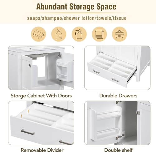 Linique 30" Modern Bathroom Vanity with Sink Combo Set, Solid Wood Frame Bathroom Storage Cabinet with 2 Soft Closing Doors and a Drawer, Multifunctional Storage, White - color: White