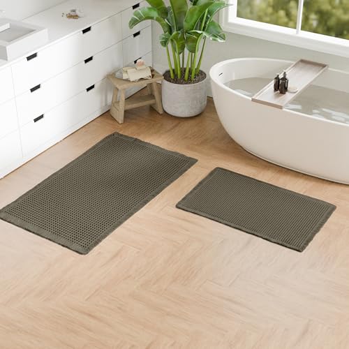 Hiasan Set of 2 Waffle Bath Mat, Super Absorbent Non Slip Bathroom Boho Rug with Tassels, Machine Washable Bath Mats for Bathroom, Ultra Soft Rubber Backed Rug, Grayish Green, 16" x 24" + 20" x 32" - color: Grayish Green, size: 16" x 24" + 20" x 32"