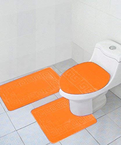 WPM WORLD PRODUCTS MART Bathroom Rugs Sets 3 Piece Bath Set Pattern Rug (20"x32")/Large Contour Mats (20"x20") with Lid Cover (Orange) - color: Orange