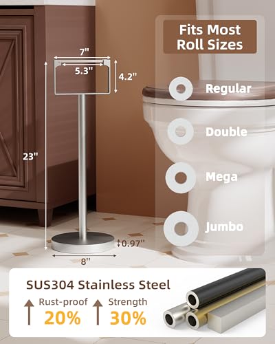 RUACQ Toilet Paper Holder Free Standing, Stainless Steel Toilet Paper Holder Stand with Weighted Base, Bathroom Toilet Paper Holder Free Standing, Floor Tissue Roll Holder (Brushed Nickel, 1Pack) - color: Brushed Nickel, size: Free Standing