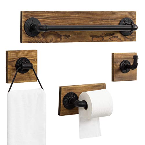 MyGift 4-Piece Bathroom Hardware Set Toilet Paper Holder with Burnt Wood and Industrial Matte Black Metal Pipe Includes, Towel Ring, Towel Bar and and Robe Hook - color: Burnt Wood