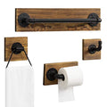 MyGift 4-Piece Bathroom Hardware Set Toilet Paper Holder with Burnt Wood and Industrial Matte Black Metal Pipe Includes, Towel Ring, Towel Bar and and Robe Hook - color: Burnt Wood