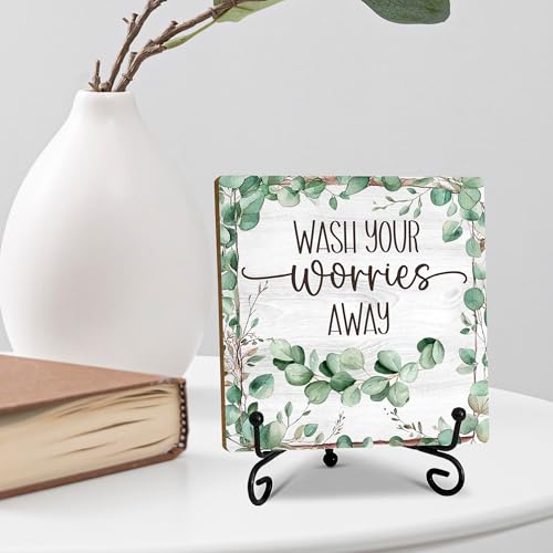 5" Greenery Bathroom Decor, Wash Your Worries Away Sign, Sage Green Bathroom Laundry Room Decor, Bathroom Guest Bathroom Decoration, Funny Toilet Bathroom Plaque Sign Table Shelf Decor-A02 - color: Wash Your Worries-02