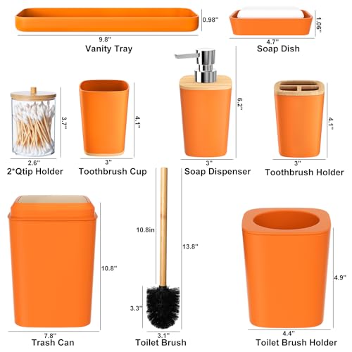 Orange Bathroom Accessories Set 9 Piece Bathroom Accessory Set with Trash Can,Toothbrush Holder,Toothbrush Cup,Lotion Soap Dispenser,Vanity Tray,Soap Dish,Toilet Brush,Qtip Holder - size: Bath Set, style: Orange