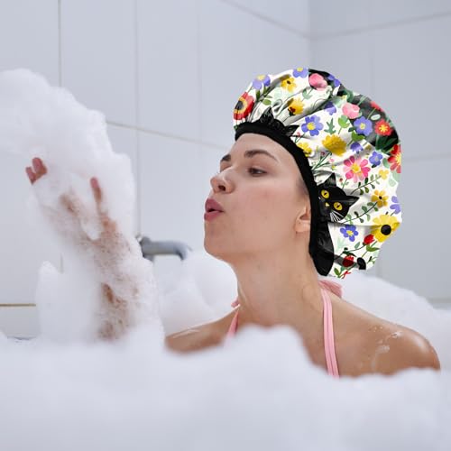Luxury Shower Cap Terry Lined Reusable Triple Layer Waterproof Hair Elastic Caps Shower Bath Hat for Women Girls Cute Aesthetic-Flower Black Cat - color: AL6-Flower Black Cat