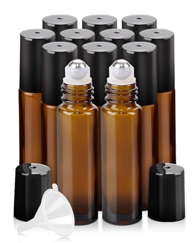 Worldgsb 12 Pack Essential Oil Roller Bottles, 10ml Refillable Amber Glass Roller Bottles with Stainless Steel Roller Balls and Caps for Travel, Perfume and Lip Gloss - color: Amber, style: 12 Pack