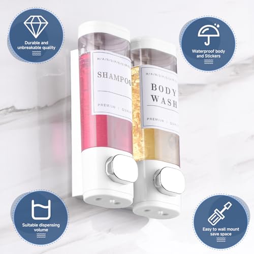 Shampoo and Conditioner Dispenser Bathroom Shower Soap Dispenser Wall Mounted Shampoo Dispenser for Shower Wall No Drill 2 * 300ml White 2 Chamber with Waterproof Labels Self - color: White 2